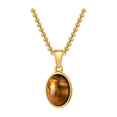 Collana con Pendente Ovale Occhio di Tigre, Acciaio Inossidabile
