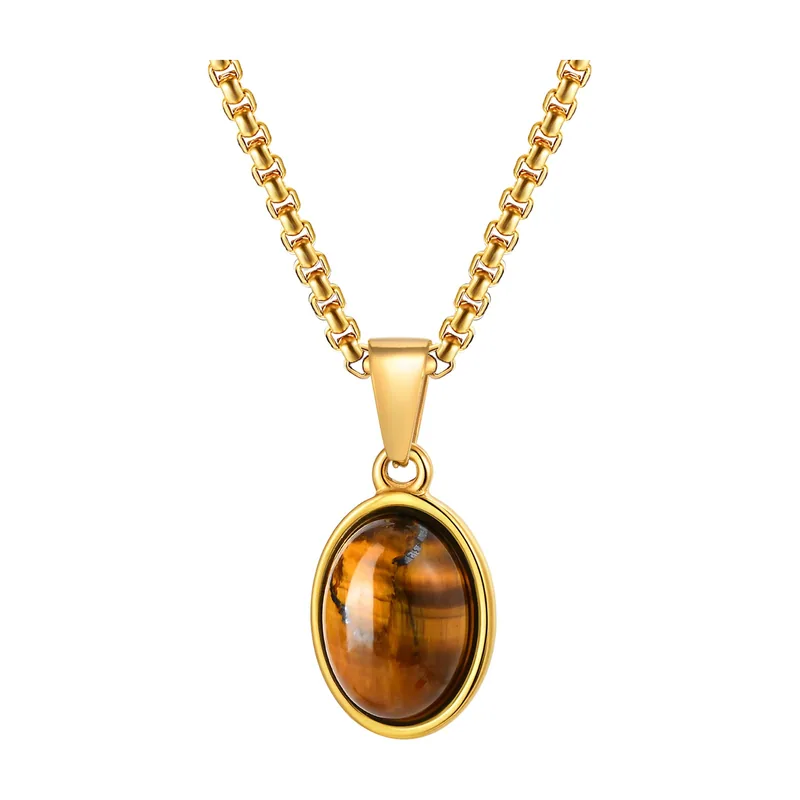 Collier avec Pendentif Oval en Œil de Tigre, Acier Inoxydable