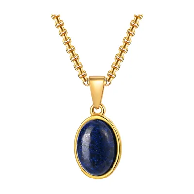 Collana con Pendente Ovale in Pietra Blu, Acciaio Inossidabile