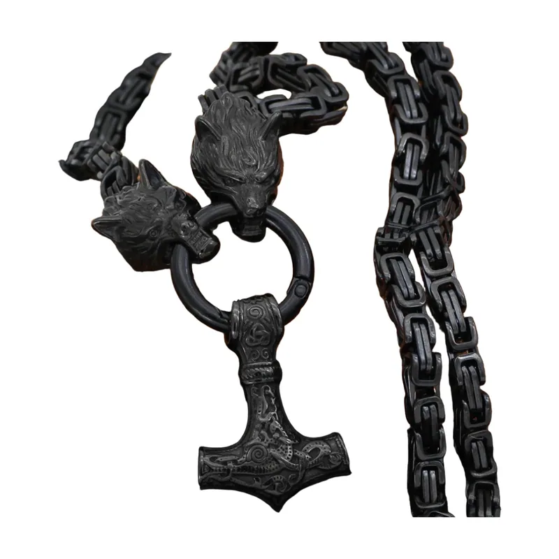Collana con Pendente Lupo e Martello Mjölnir, Acciaio Inossidabile