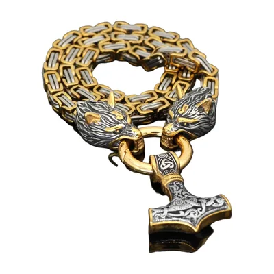 Wikinger Wolf und Mjölnir Hammer Anhänger, zweifarbiger Edelstahl