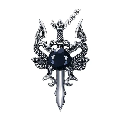Pendente Doppio Drago e Spada con pietra blu, Acciaio Inossidabile
