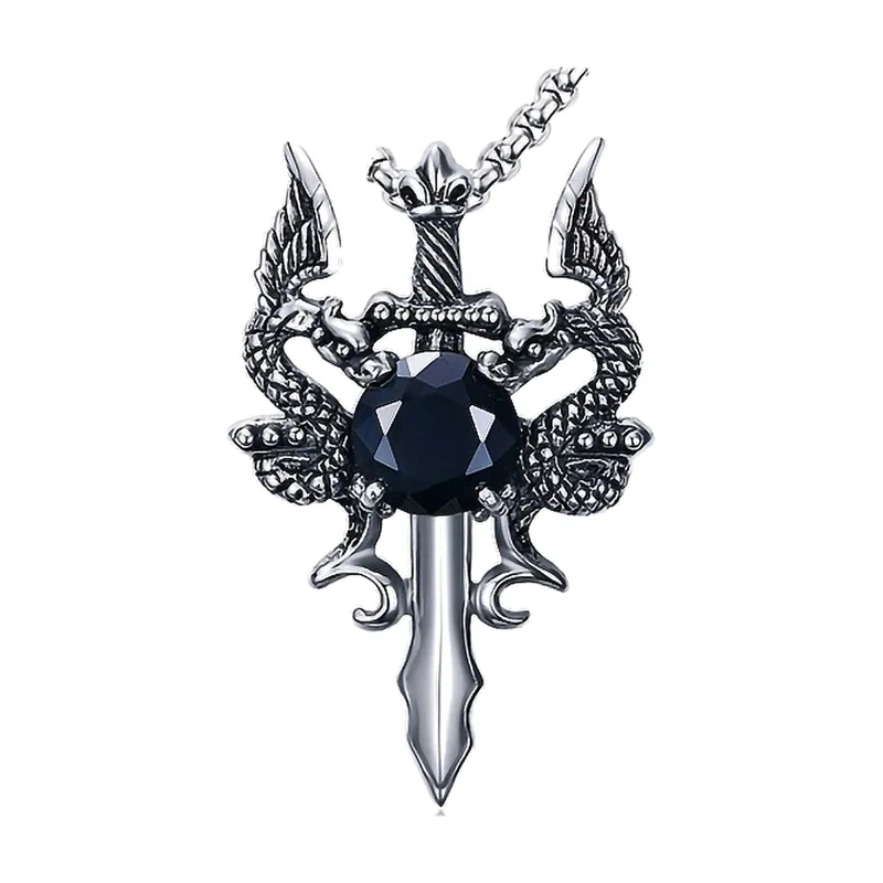 Double Dragon and Sword Pendant with Blue Stone, Stainless Steel