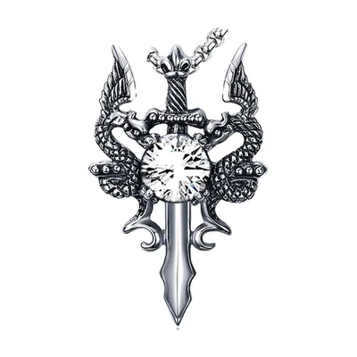 Collana con Pendente Drago e Spada e Zirconia, Acciaio Inossidabile