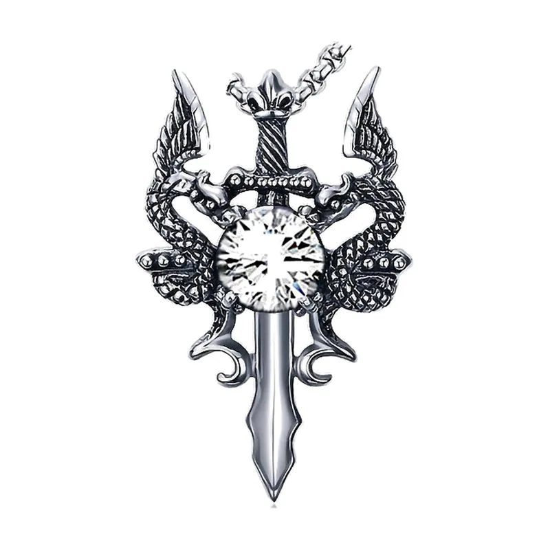 Collana con Pendente Drago e Spada e Zirconia, Acciaio Inossidabile