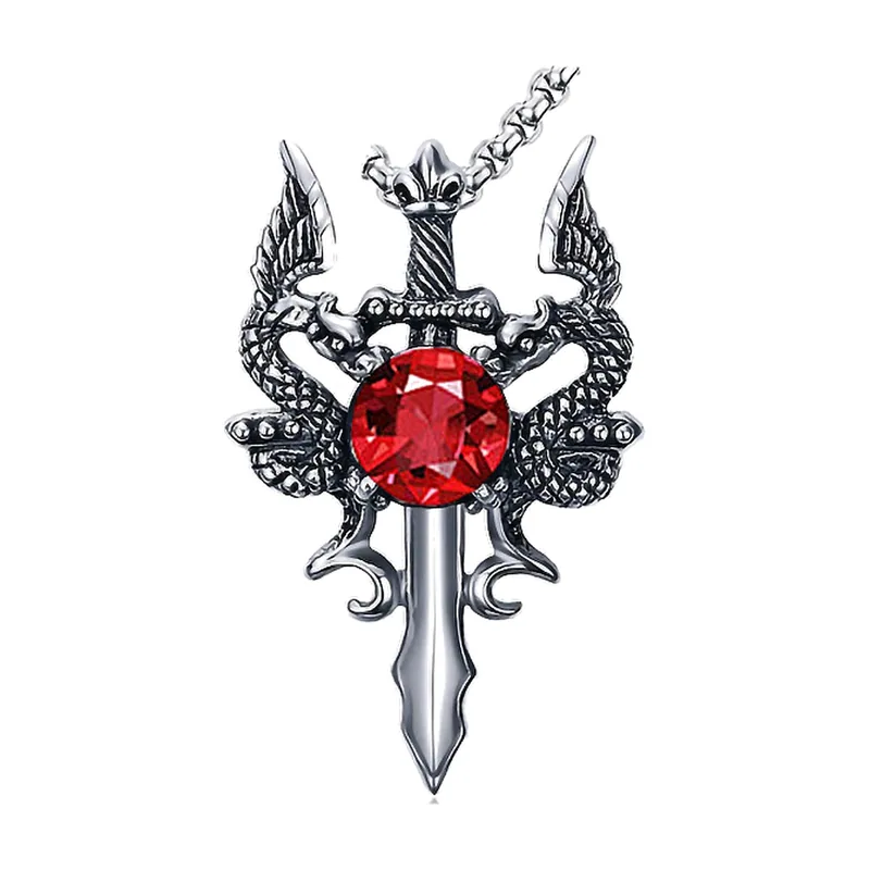 Collier Pendentif Épée et Double Dragon avec Pierre Rouge, Acier Inoxydable