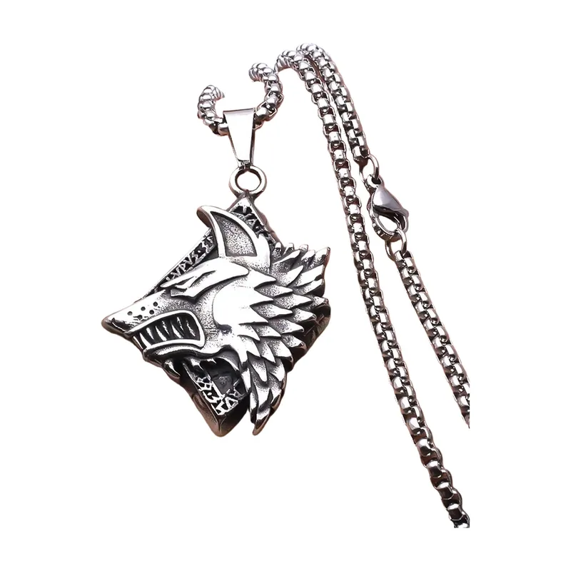 Wolfskopf Anhänger mit Boxkette, Edelstahl