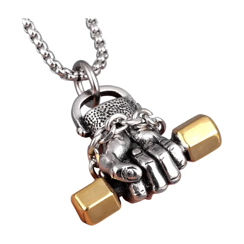 Pendentif Main et Haltère avec Chaîne Gourmette, Acier Inoxydable