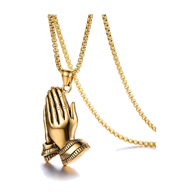 Praying Hands Pendant with Box Chain, Stainless Steel