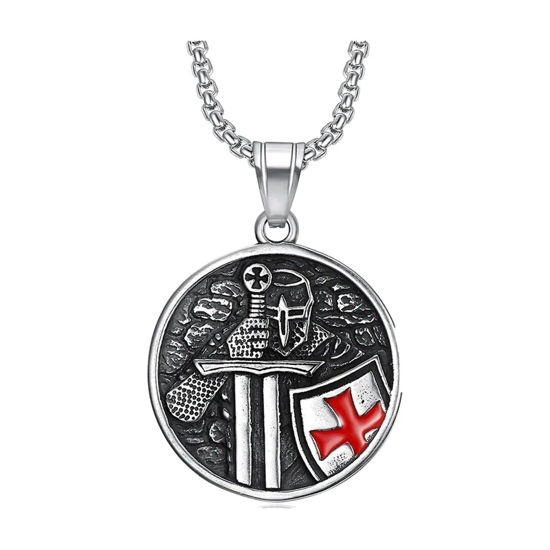 Pendente Cavaliere Templare Scudo e Spada con Croce Rossa, Acciaio Inossidabile