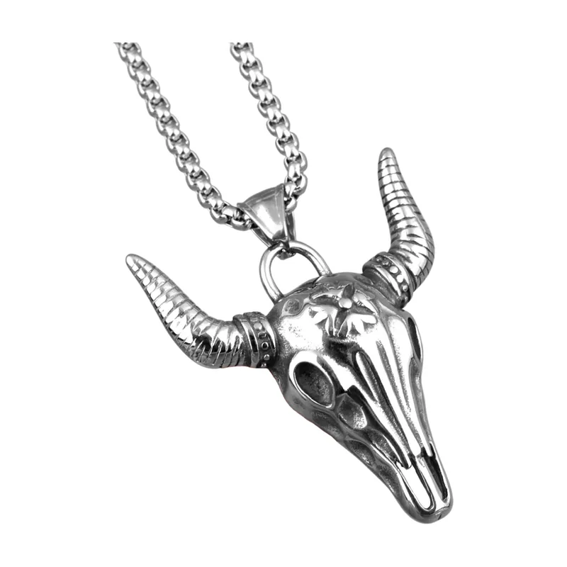 Cattle Skull Pendant with Curb Chain, Stainless Steel