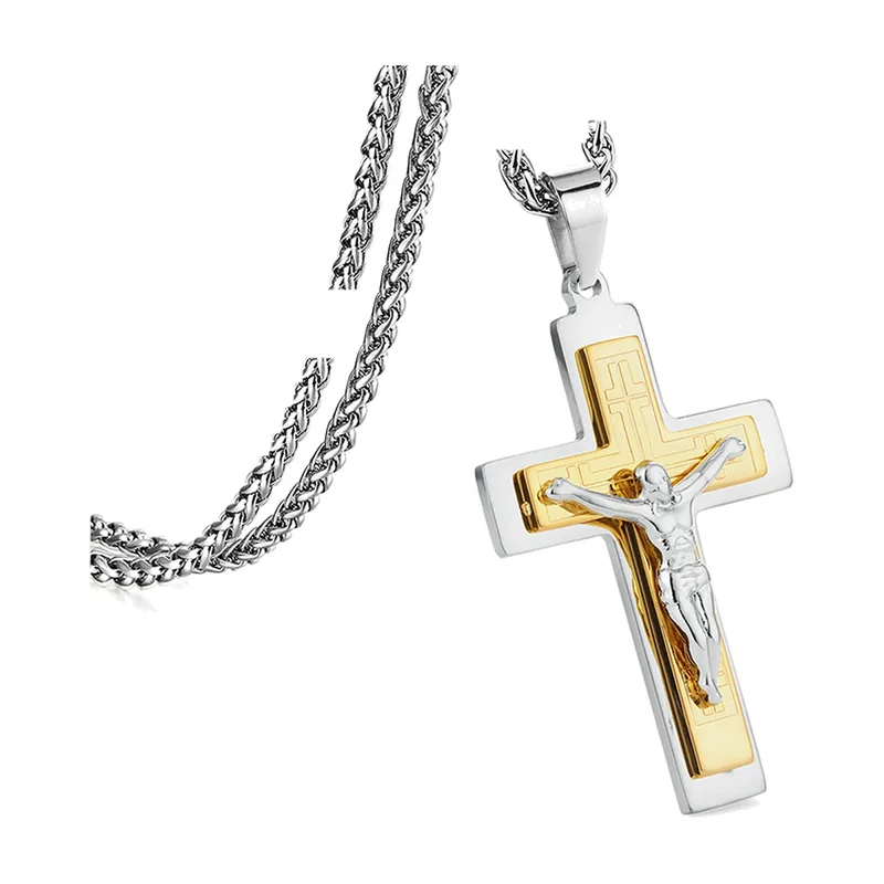 Collier Crucifixe avec Chaîne Byzantine, Acier Inoxydable