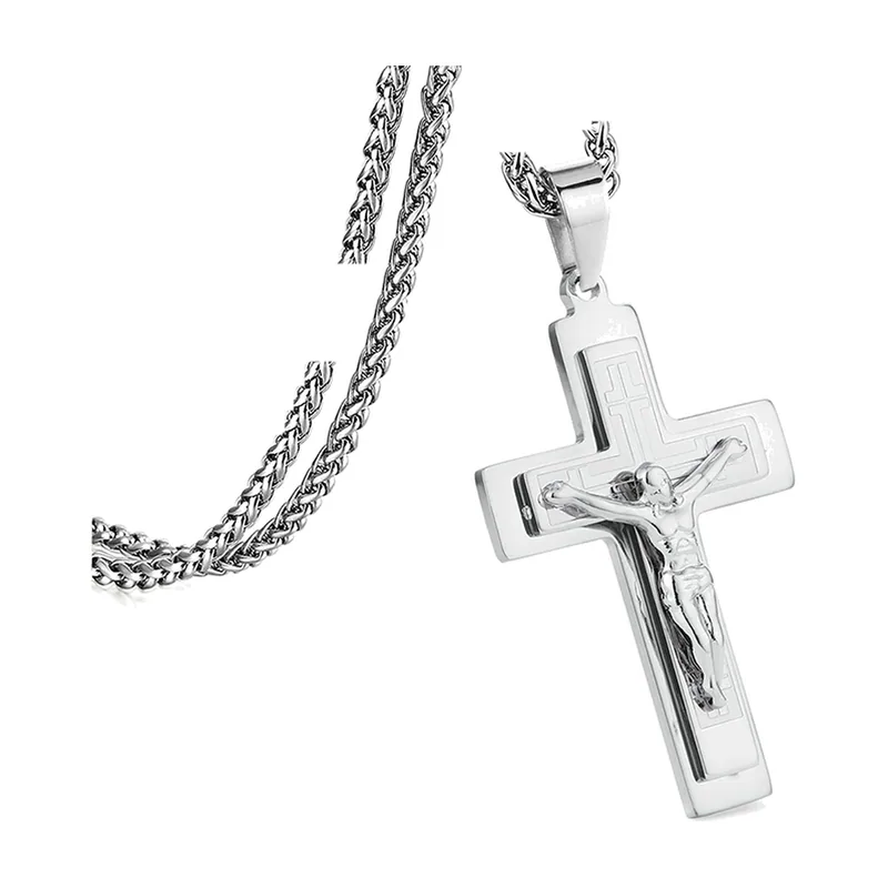 Collier Crucifix avec Chaîne Byzantine, Acier Inoxydable