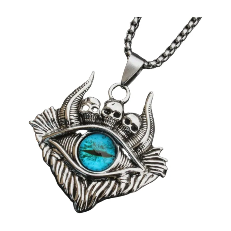 Evil Eye und Totenkopf Anhänger mit blauem Stein, Edelstahl