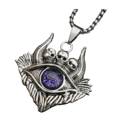 Evil Eye und Totenkopf Anhänger mit lila Stein, Edelstahl