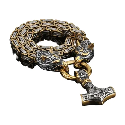 Nordischer Wolf und Mjölnir Hammer Anhänger, Edelstahl