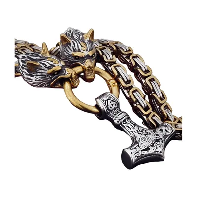 Wolf und Mjölnir Hammer Anhänger Kette, Edelstahl