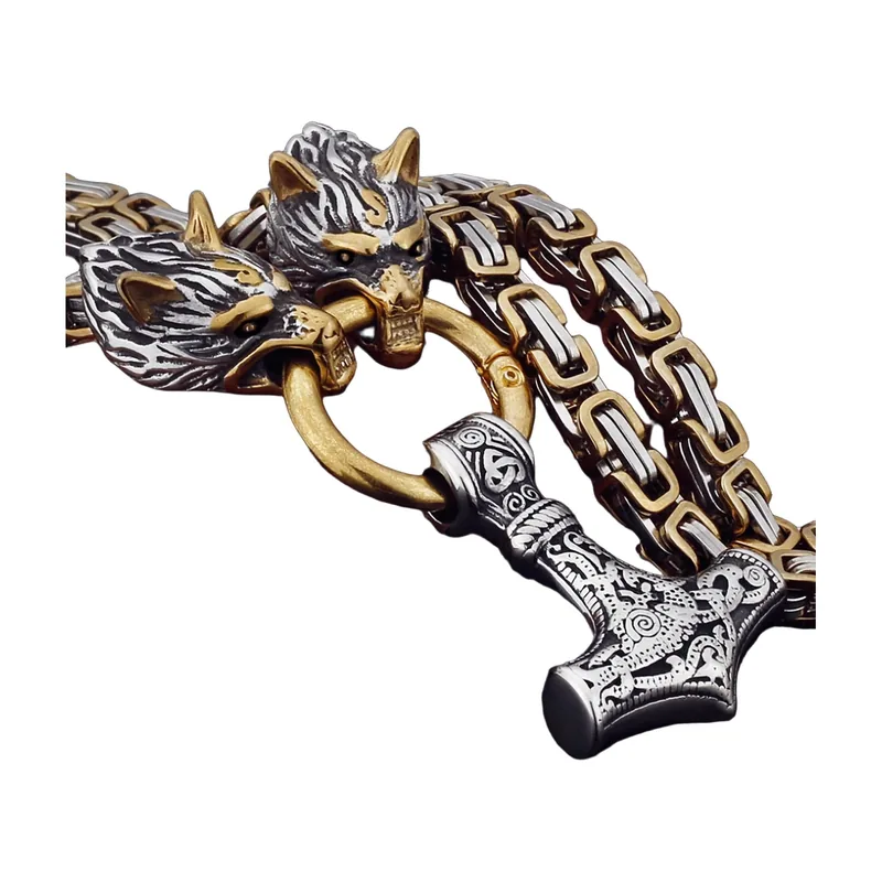 Collana con Pendente Lupo e Martello Mjölnir, Acciaio Inossidabile
