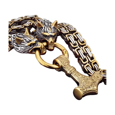 Wikinger Wolf und Mjölnir Hammer Anhänger, Edelstahl