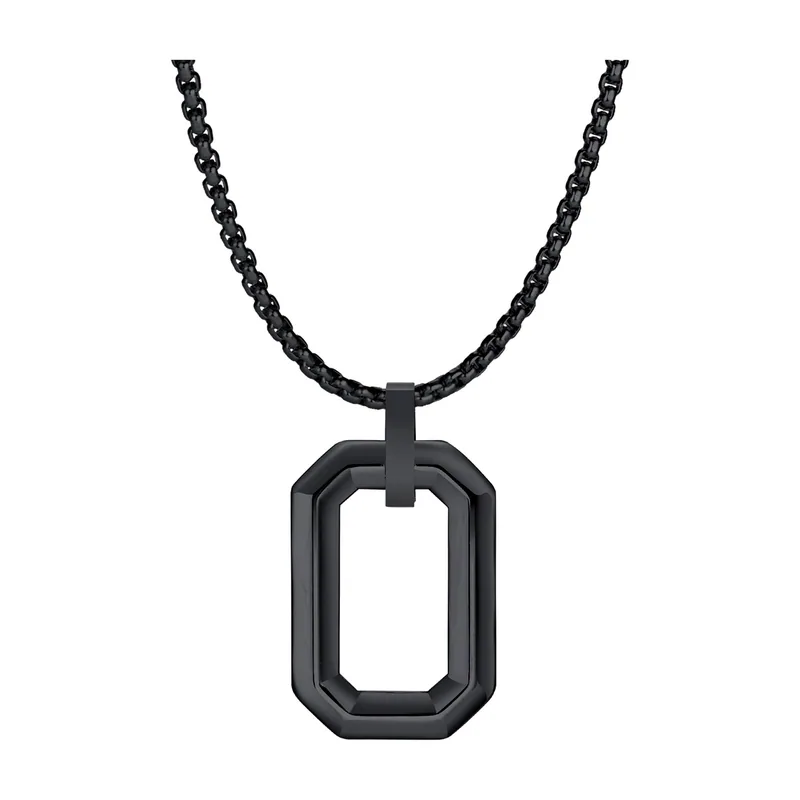 Pendentif Rectangle Creux Géométrique avec Chaîne à Billes, Acier Inoxydable