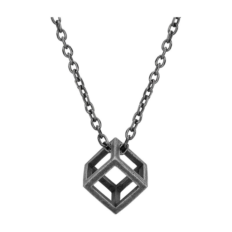 Geometric Cube Pendant with Link Chain, Stainless Steel