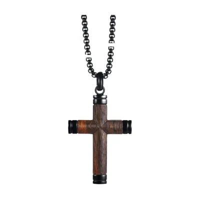 Collier Croix avec Effet Bois, Acier Inoxydable