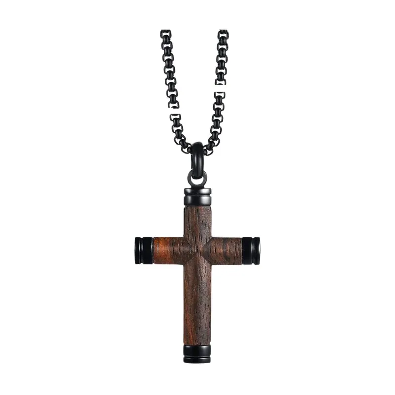 Collier Croix avec Effet Bois, Acier Inoxydable