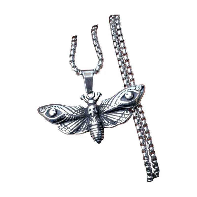 Collier Pendentif Papillon de Nuit et Crâne, Acier Inoxydable