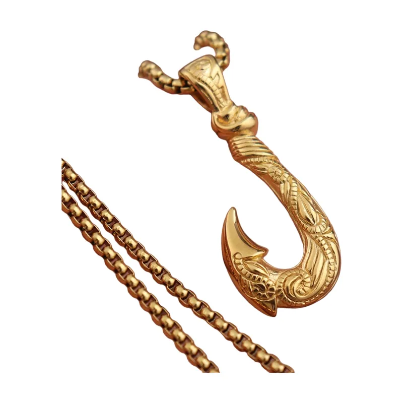 Maui Fish Hook Pendant with Box Chain, Stainless Steel