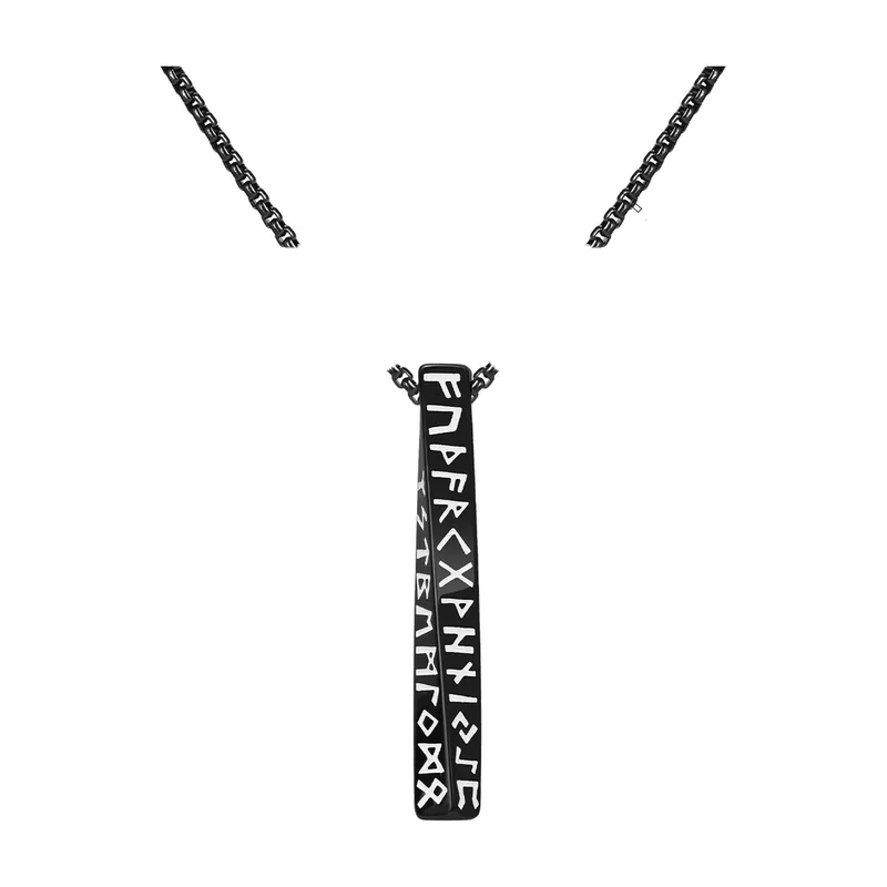 Pendentif Barre Runes Viking avec Chaîne, Acier Inoxydable Noir