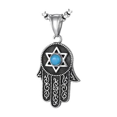 Collier Main de Fatima avec Étoile de David et Pierre Bleue, Acier Inoxydable