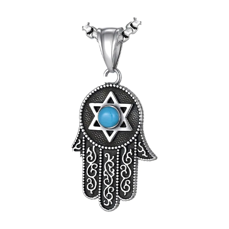 Collier Main de Fatima avec Étoile de David et Pierre Bleue, Acier Inoxydable