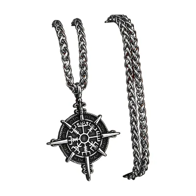 Vegvisir Nordischer Kompass Anhänger mit Runenkette, Edelstahl