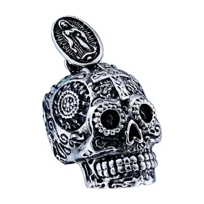 Collana con Pendente a Teschio e Medaglione Religioso, Acciaio Inox
