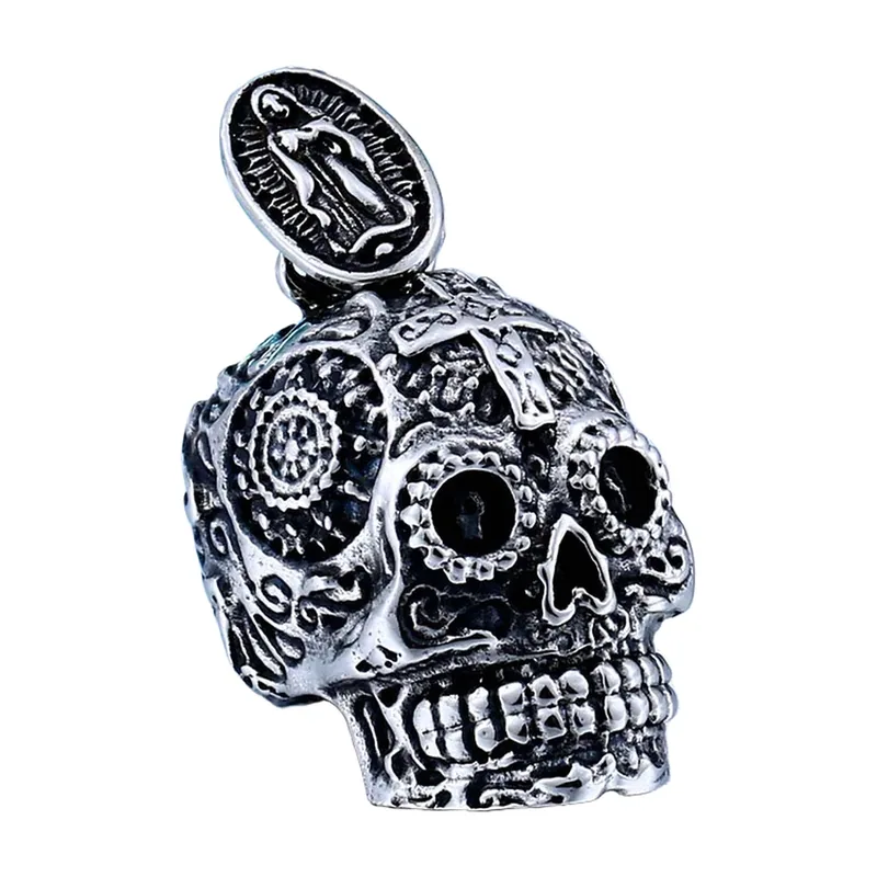 Collier Pendentif Crâne avec Médaillon Religieux, Acier Inoxydable