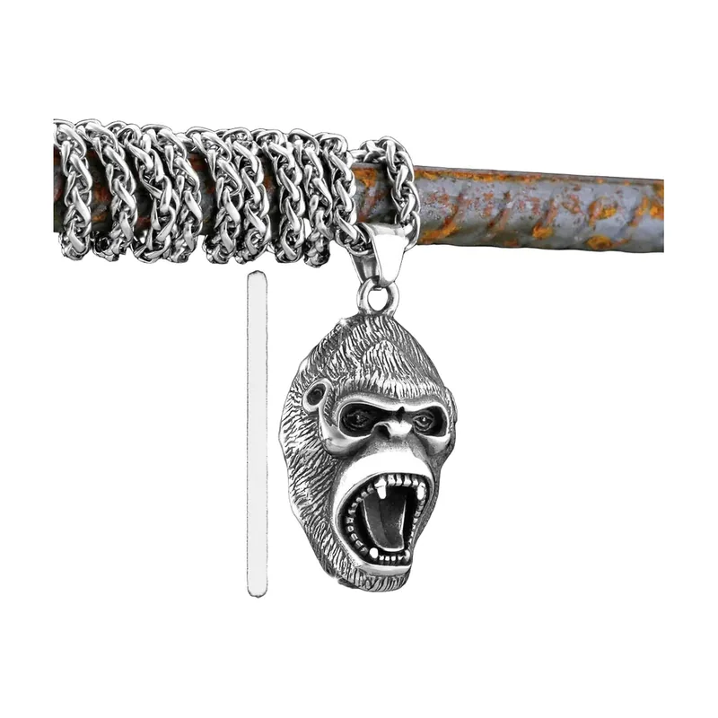 Colgante de Cabeza de Gorila con Cadena de Cuerda, Acero Inoxidable