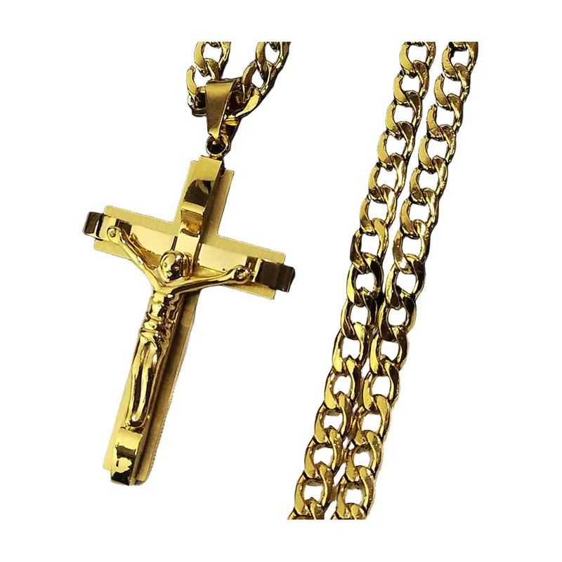 Pendentif Croix Crucifix avec Chaîne Gourmette, Acier Inoxydable