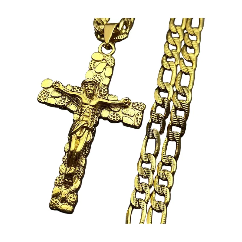 Colgante Cruz Crucifijo con Cadena Curb, Acero Inoxidable
