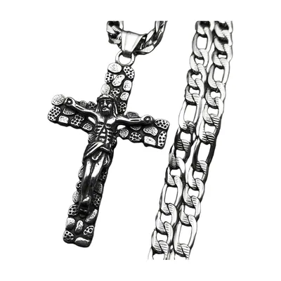 Colgante Cruz Crucifijo con Cadena de Eslabones, Acero Inoxidable