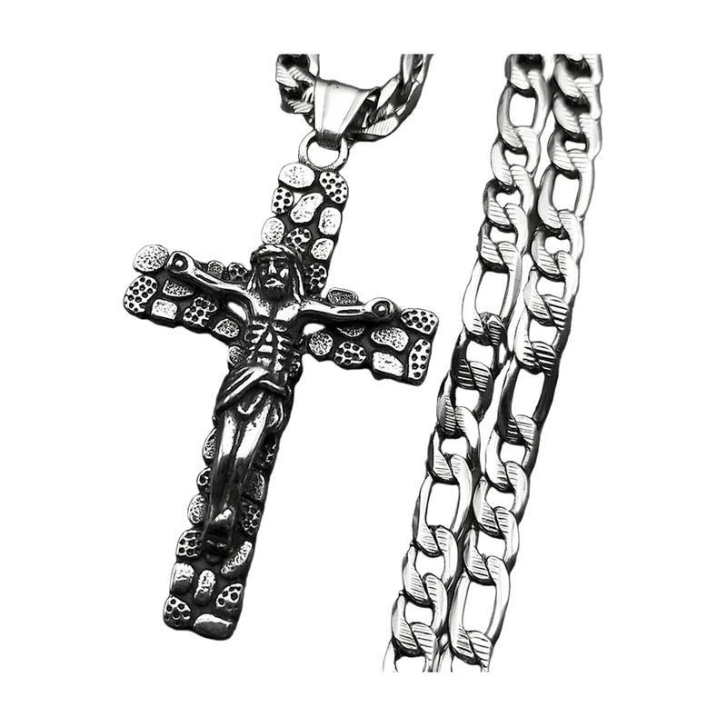 Kruzifix Kreuz Anhänger mit Panzerkette, Edelstahl
