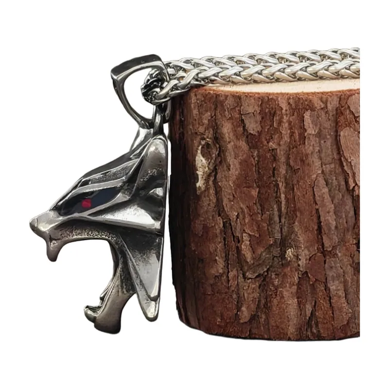 Wolf Head Pendant with Red Stones and Wheat Chain, Stainless Steel