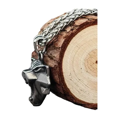Wolf Head Pendant Necklace with Curb Chain, Stainless Steel
