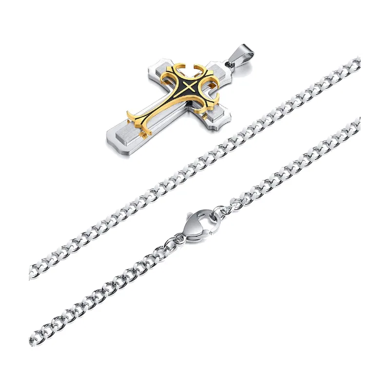 Collier Pendentif Croix avec Détail Doré, Acier Inoxydable