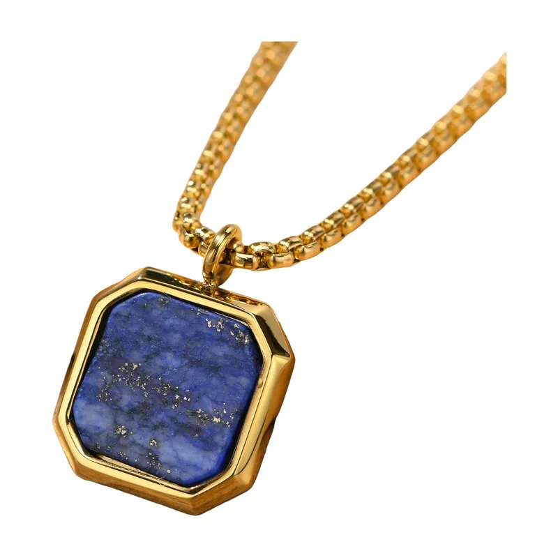 Geometric Square Pendant Necklace with Blue Stone, Stainless Steel