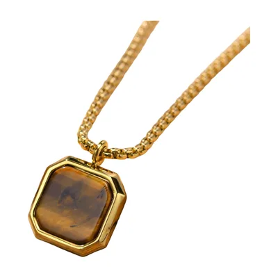 Colgante cuadrado geométrico con piedra marrón, acero inoxidable