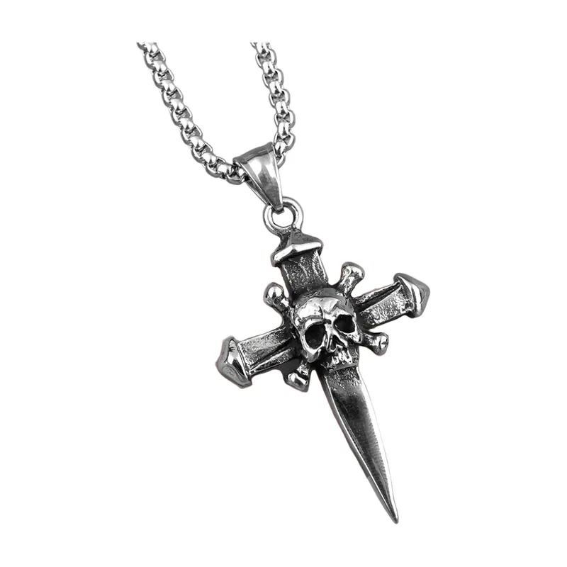 Collier Pendentif Crâne et Croix, Acier Inoxydable