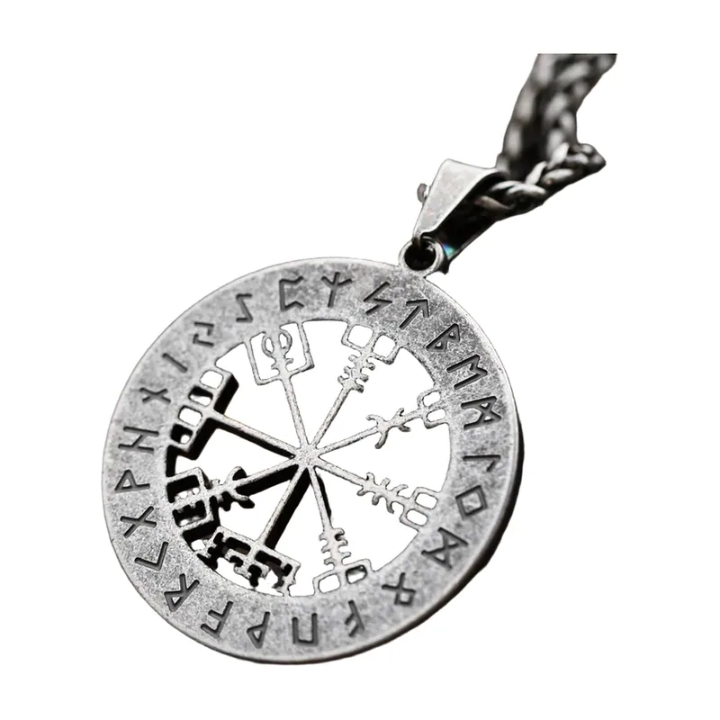 Colgante Vegvisir Brújula Vikinga con Cadena de Runas, Acero Inoxidable