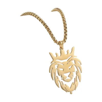 Löwenkopf-Anhänger mit Krone und Kugelkette, Edelstahl