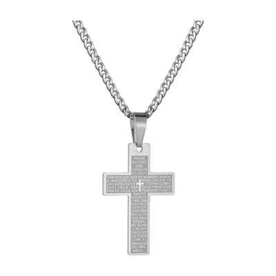 Colgante de Cruz con el Padre Nuestro, Acero Inoxidable 316L – Plata