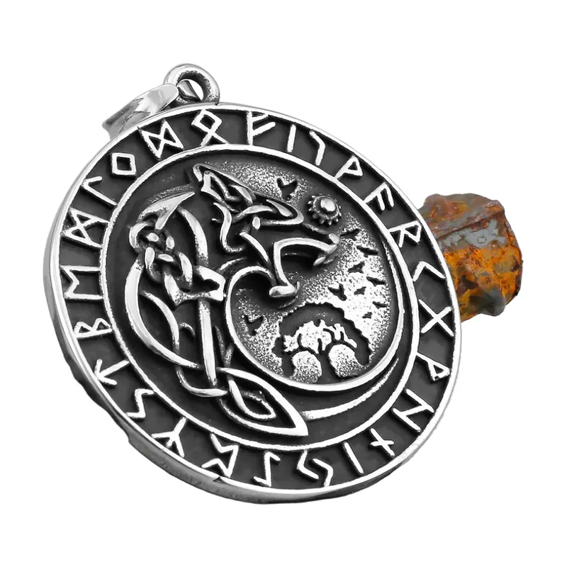 Wikinger Wolf und Vegvisir Anhänger mit Runenkette, Edelstahl